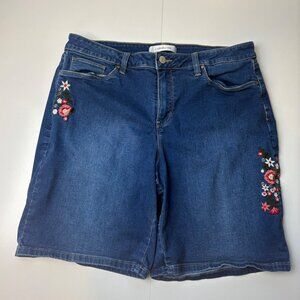 Womens Croft & Barrow Blue Denim Shorts Jean Embroidery Stretch Sz 16 Cottage
